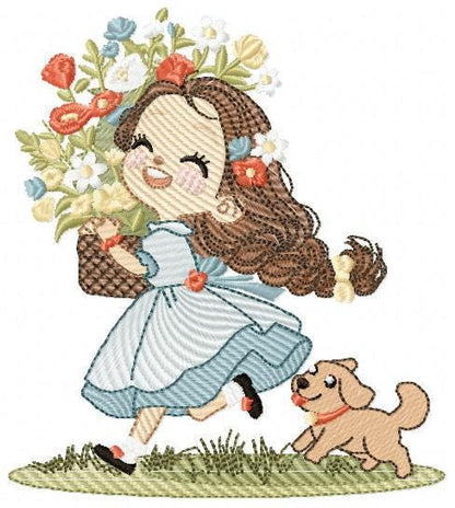 Girl with dog embroidery designs - Baby girl with flowers machine embroidery pattern - Girl with puppy file - Instant digital download jef