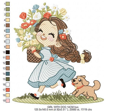 Girl with dog embroidery designs - Baby girl with flowers machine embroidery pattern - Girl with puppy file - Instant digital download jef