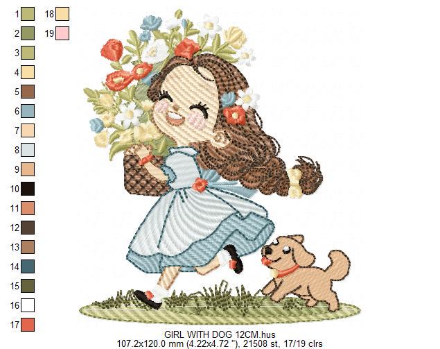 Girl with dog embroidery designs - Baby girl with flowers machine embroidery pattern - Girl with puppy file - Instant digital download jef