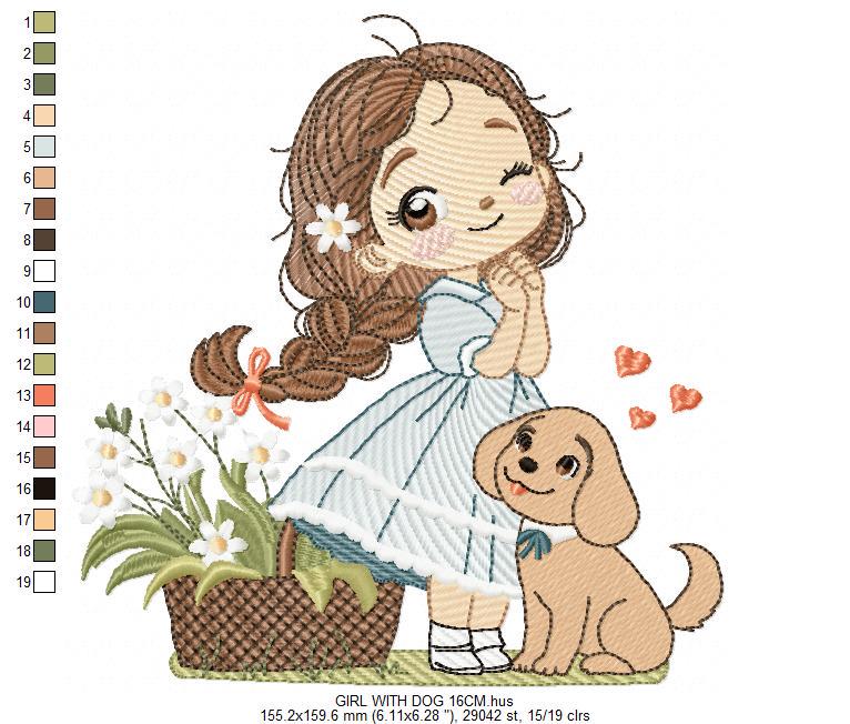 Girl with dog embroidery designs - Baby girl with flowers machine embroidery pattern - Girl with puppy file - Instant digital download jef