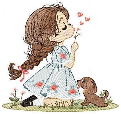 Girl with dog embroidery designs - Baby girl with flowers and hearts machine embroidery pattern - Girl with puppy file - Instant download