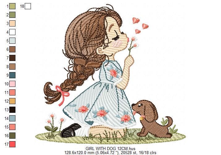 Girl with dog embroidery designs - Baby girl with flowers and hearts machine embroidery pattern - Girl with puppy file - Instant download