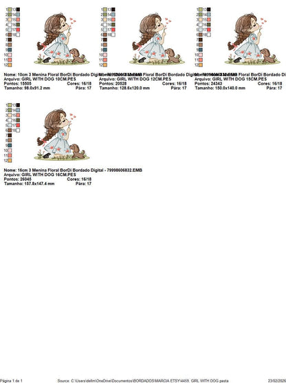 Girl with dog embroidery designs - Baby girl with flowers and hearts machine embroidery pattern - Girl with puppy file - Instant download
