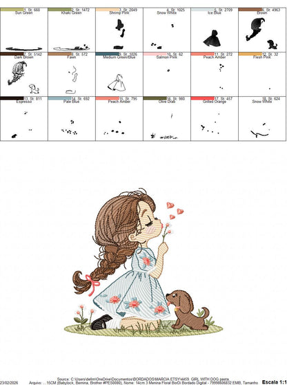 Girl with dog embroidery designs - Baby girl with flowers and hearts machine embroidery pattern - Girl with puppy file - Instant download