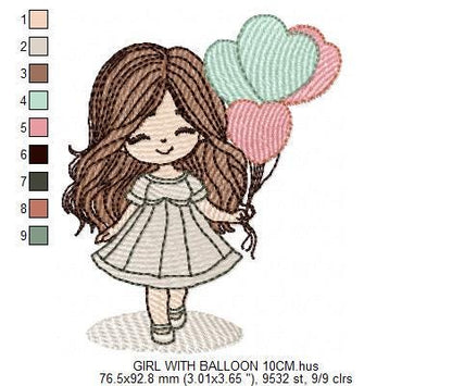 Baby girl with balloons embroidery designs - Birthday Party Girl machine embroidery pattern - Girl with hearts file - Instant download pes