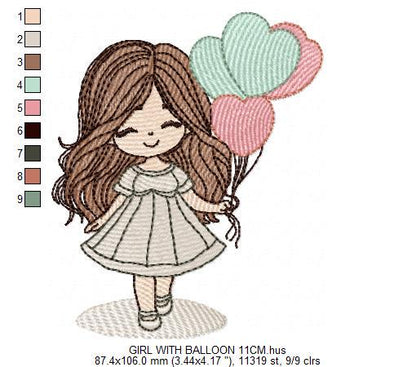 Baby girl with balloons embroidery designs - Birthday Party Girl machine embroidery pattern - Girl with hearts file - Instant download pes