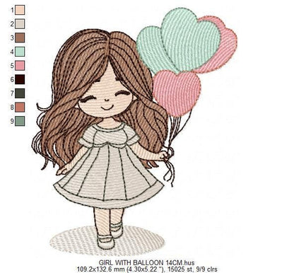 Baby girl with balloons embroidery designs - Birthday Party Girl machine embroidery pattern - Girl with hearts file - Instant download pes