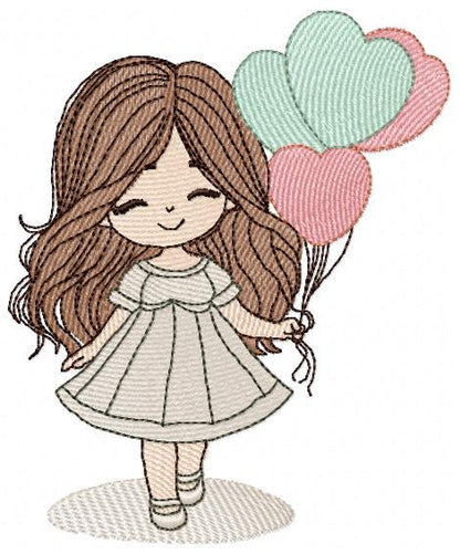 Baby girl with balloons embroidery designs - Birthday Party Girl machine embroidery pattern - Girl with hearts file - Instant download pes