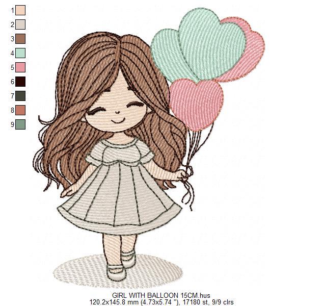 Baby girl with balloons embroidery designs - Birthday Party Girl machine embroidery pattern - Girl with hearts file - Instant download pes