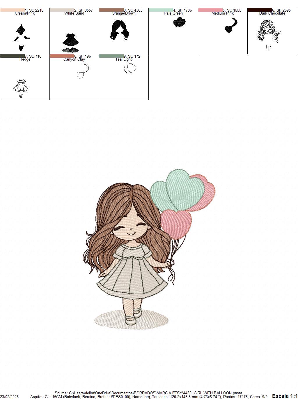 Baby girl with balloons embroidery designs - Birthday Party Girl machine embroidery pattern - Girl with hearts file - Instant download pes