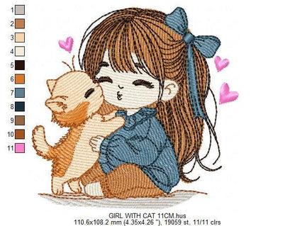 Girl with Cat embroidery design - Baby Girl with long hair and Kitty machine embroidery pattern - Instant digital download pes jef dst hus