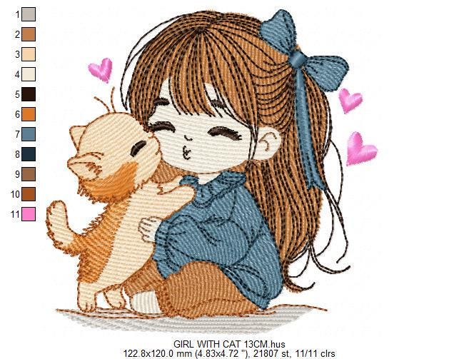 Girl with Cat embroidery design - Baby Girl with long hair and Kitty machine embroidery pattern - Instant digital download pes jef dst hus