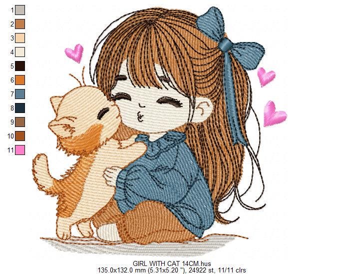 Girl with Cat embroidery design - Baby Girl with long hair and Kitty machine embroidery pattern - Instant digital download pes jef dst hus