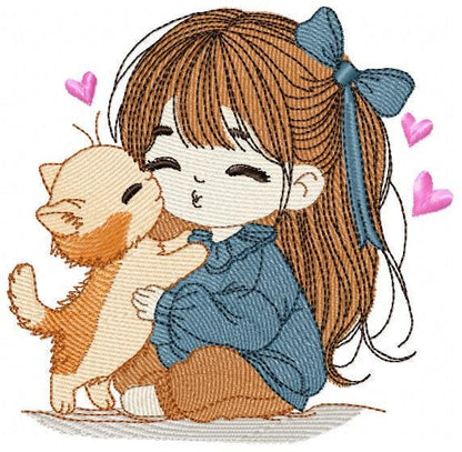 Girl with Cat embroidery design - Baby Girl with long hair and Kitty machine embroidery pattern - Instant digital download pes jef dst hus