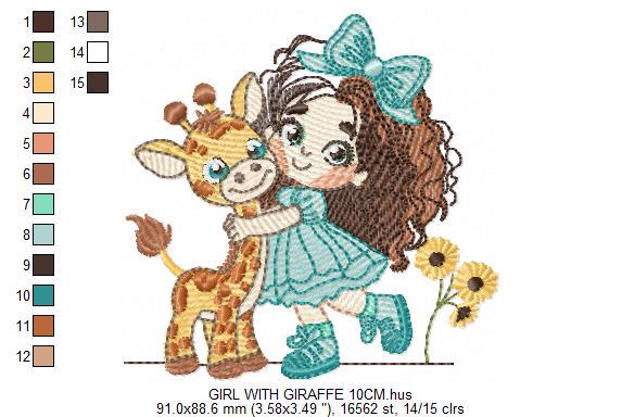 Girl with Giraffe embroidery design - Long Curly Hair Girl machine embroidery pattern - Safari Wild animal file - Instant download pes jef