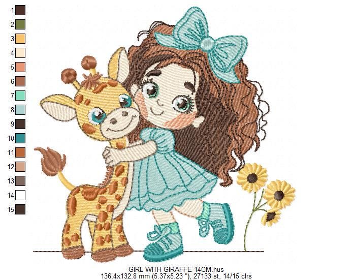 Girl with Giraffe embroidery design - Long Curly Hair Girl machine embroidery pattern - Safari Wild animal file - Instant download pes jef