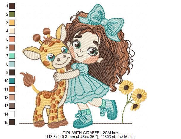 Girl with Giraffe embroidery design - Long Curly Hair Girl machine embroidery pattern - Safari Wild animal file - Instant download pes jef