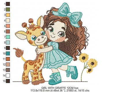 Girl with Giraffe embroidery design - Long Curly Hair Girl machine embroidery pattern - Safari Wild animal file - Instant download pes jef