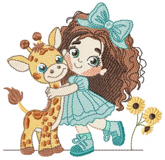 Girl with Giraffe embroidery design - Long Curly Hair Girl machine embroidery pattern - Safari Wild animal file - Instant download pes jef