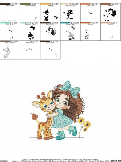 Girl with Giraffe embroidery design - Long Curly Hair Girl machine embroidery pattern - Safari Wild animal file - Instant download pes jef