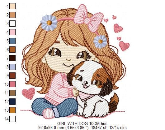 Girl with dog embroidery designs - Girl with long hair and puppy machine embroidery pattern - Girl with pet file - Instant download jef pes