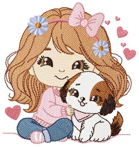 Girl with dog embroidery designs - Girl with long hair and puppy machine embroidery pattern - Girl with pet file - Instant download jef pes
