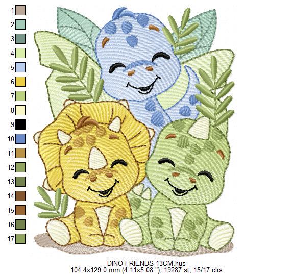 Dinosaur embroidery designs - Trio Dino Friends with trees machine embroidery pattern - Baby boy file Brontosaurus - Instant download pes