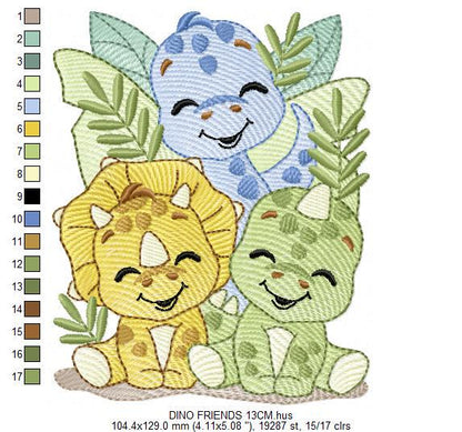 Dinosaur embroidery designs - Trio Dino Friends with trees machine embroidery pattern - Baby boy file Brontosaurus - Instant download pes