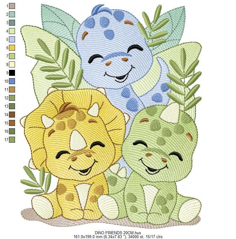 Dinosaur embroidery designs - Trio Dino Friends with trees machine embroidery pattern - Baby boy file Brontosaurus - Instant download pes
