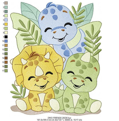 Dinosaur embroidery designs - Trio Dino Friends with trees machine embroidery pattern - Baby boy file Brontosaurus - Instant download pes