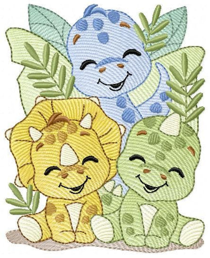 Dinosaur embroidery designs - Trio Dino Friends with trees machine embroidery pattern - Baby boy file Brontosaurus - Instant download pes