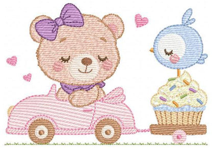 Female Bear with toy horse embroidery designs - Baby girl playing machine embroidery pattern - Instant digital download pes jef dst hus vp3
