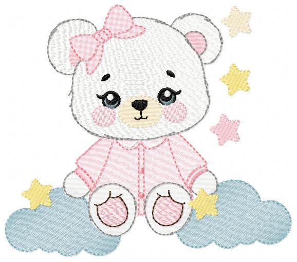 Female Bear embroidery designs - Baby girl with pajamas, stars and clouds machine embroidery pattern - Instant digital download pes jef dst