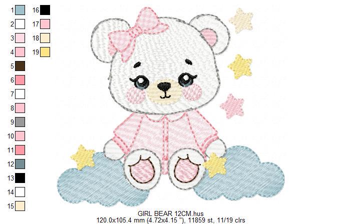 Female Bear embroidery designs - Baby girl with pajamas, stars and clouds machine embroidery pattern - Instant digital download pes jef dst