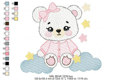 Female Bear embroidery designs - Baby girl with pajamas, stars and clouds machine embroidery pattern - Instant digital download pes jef dst