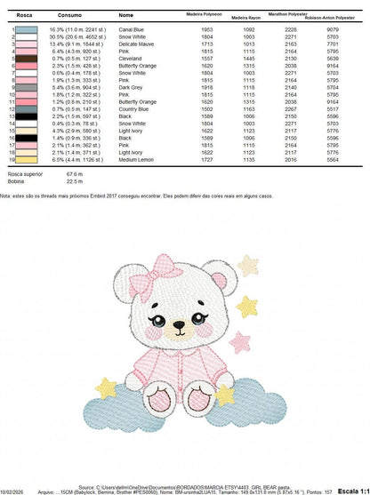 Female Bear embroidery designs - Baby girl with pajamas, stars and clouds machine embroidery pattern - Instant digital download pes jef dst