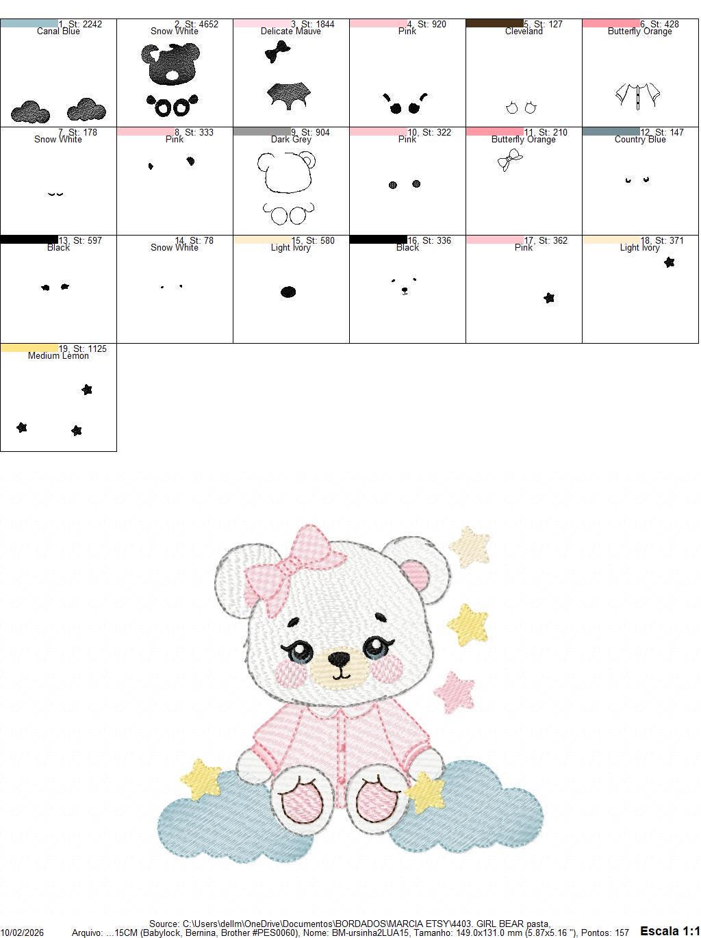 Female Bear embroidery designs - Baby girl with pajamas, stars and clouds machine embroidery pattern - Instant digital download pes jef dst