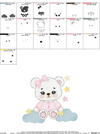 Female Bear embroidery designs - Baby girl with pajamas, stars and clouds machine embroidery pattern - Instant digital download pes jef dst