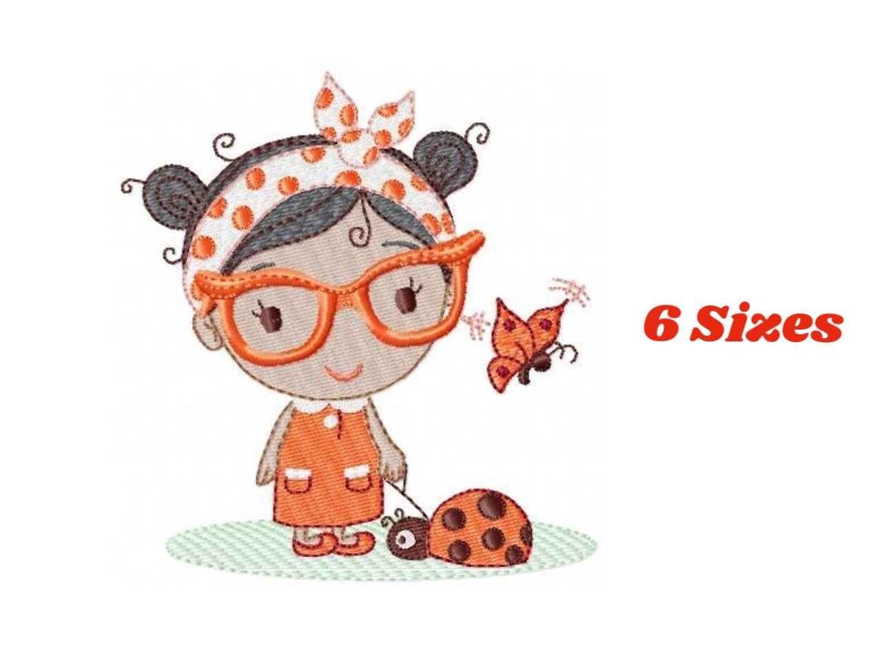 May include: Embroidered design of a girl with glasses wearing a polka dot headband and an orange dress. She is holding a ladybug and a butterfly is flying nearby. The design is available in 6 sizes.
