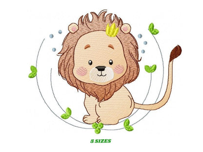 May include: A cute cartoon lion wearing a gold crown, sitting with its tail curled around its body. The lion is surrounded by green leaves and white dots.