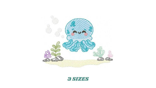 May include: Embroidered design of a blue smiling jellyfish with a light blue background, surrounded by bubbles, seaweed, and rocks.  The design is available in three sizes.