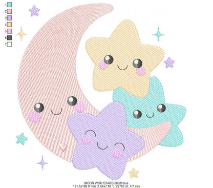Moon with stars hearts and flowers embroidery design - Baby Girl Half moon machine embroidery pattern - Instant digital download pes jef hus