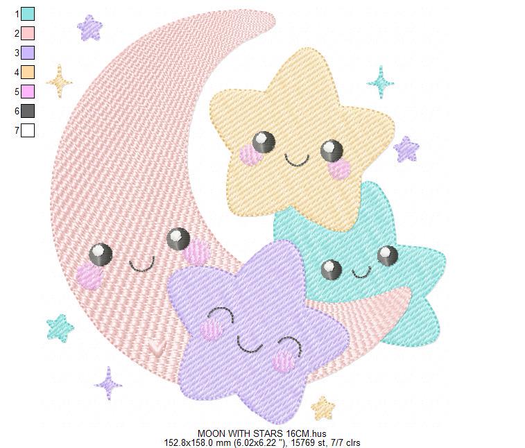 Moon with stars hearts and flowers embroidery design - Baby Girl Half moon machine embroidery pattern - Instant digital download pes jef hus