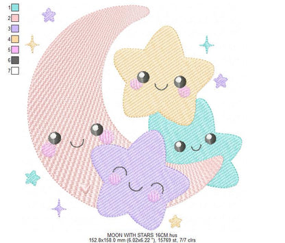 Moon with stars hearts and flowers embroidery design - Baby Girl Half moon machine embroidery pattern - Instant digital download pes jef hus
