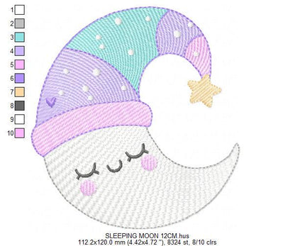 Moon with stars hearts and flowers embroidery design - Baby Girl Half moon machine embroidery pattern - Instant digital download pes jef hus
