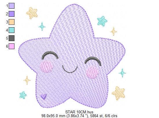 Star embroidery designs - Star with happy face machine embroidery pattern - Night Sky Baby girl and boy file - Instant digital download pes