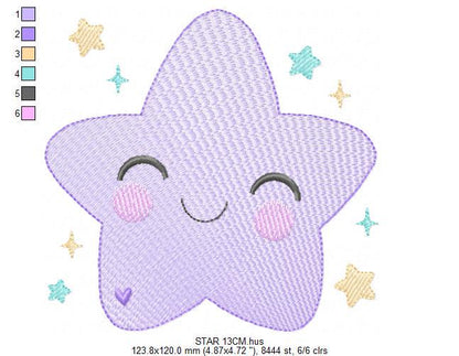 Star embroidery designs - Star with happy face machine embroidery pattern - Night Sky Baby girl and boy file - Instant digital download pes