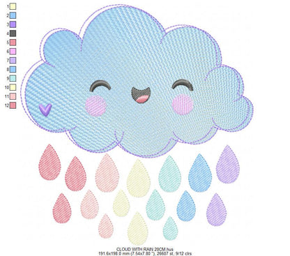 Raining Cloud embroidery design - Cloud with flowers and lace machine embroidery pattern - Cloud with happy face - Instant download pes jef