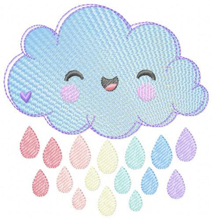 Raining Cloud embroidery design - Cloud with flowers and lace machine embroidery pattern - Cloud with happy face - Instant download pes jef