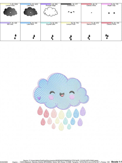 Raining Cloud embroidery design - Cloud with flowers and lace machine embroidery pattern - Cloud with happy face - Instant download pes jef